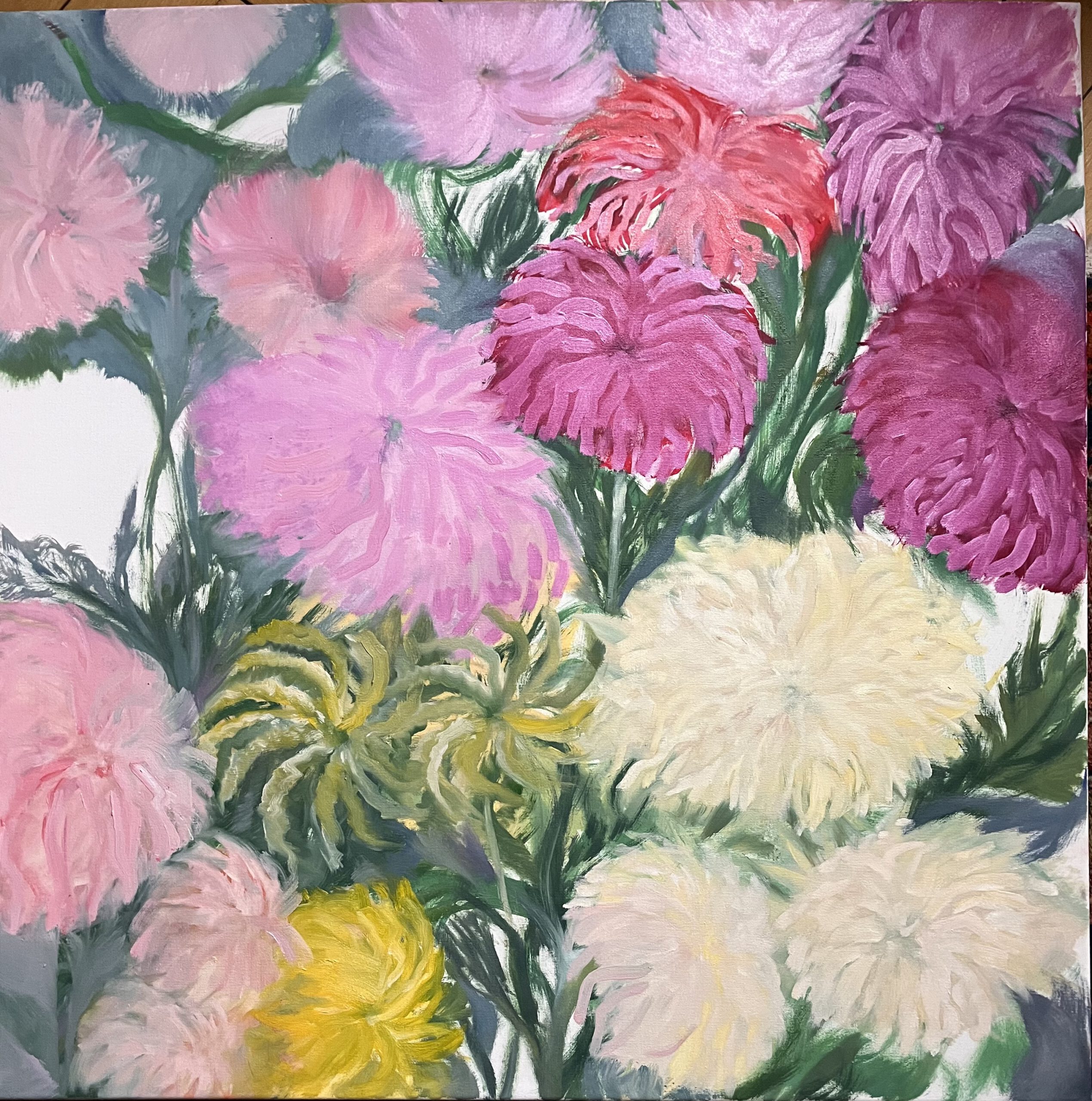 Chrysanthemen u.a., Öl auf Leinwand, 80x80